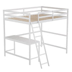 Flash Furniture Riley Loft Bed Frame With Desk - White Wood Slats - Full Size - Protective Guard Rails & Ladder - Kids And Teens - Space Saving Design