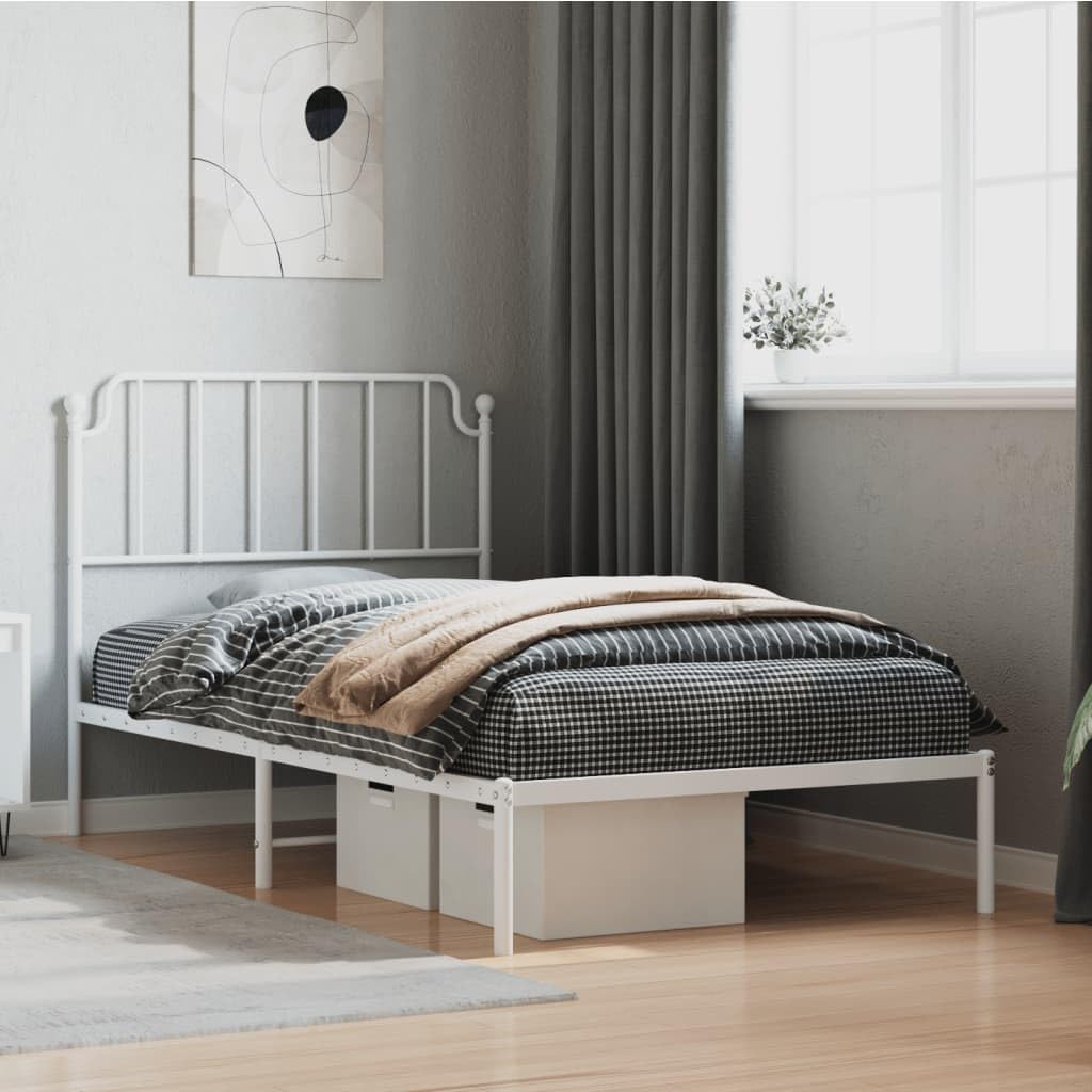 vidaXL White Metal Bed Frame with Headboard and Extra Storage Space - Robust Powder-Coated Steel Construction - Supportive Metal Slats - Suitable for 39.4 x 78.7 Mattress