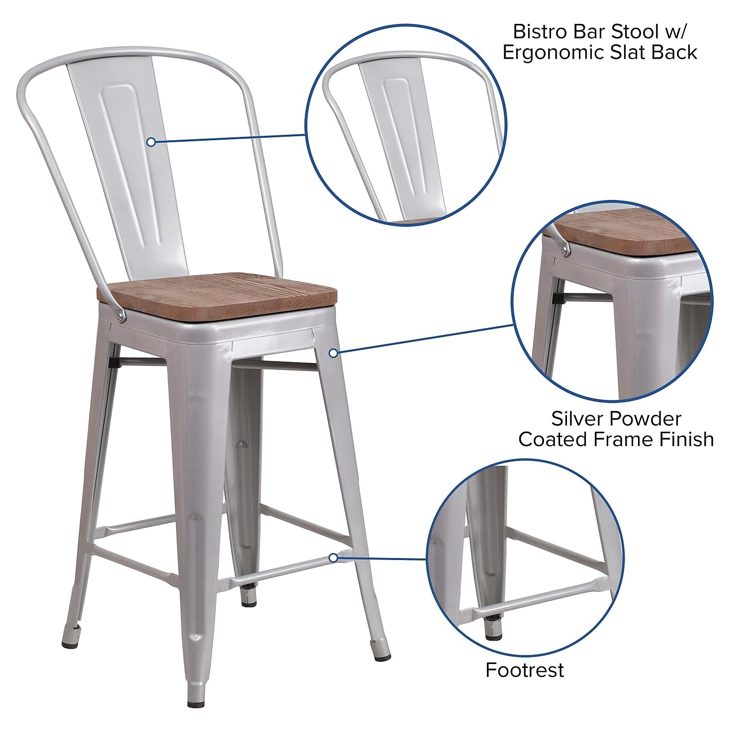 Flash Furniture Lily 24' High Silver Metal Counter Height Stool With Back And Wood Seat (Pack Of 1)
