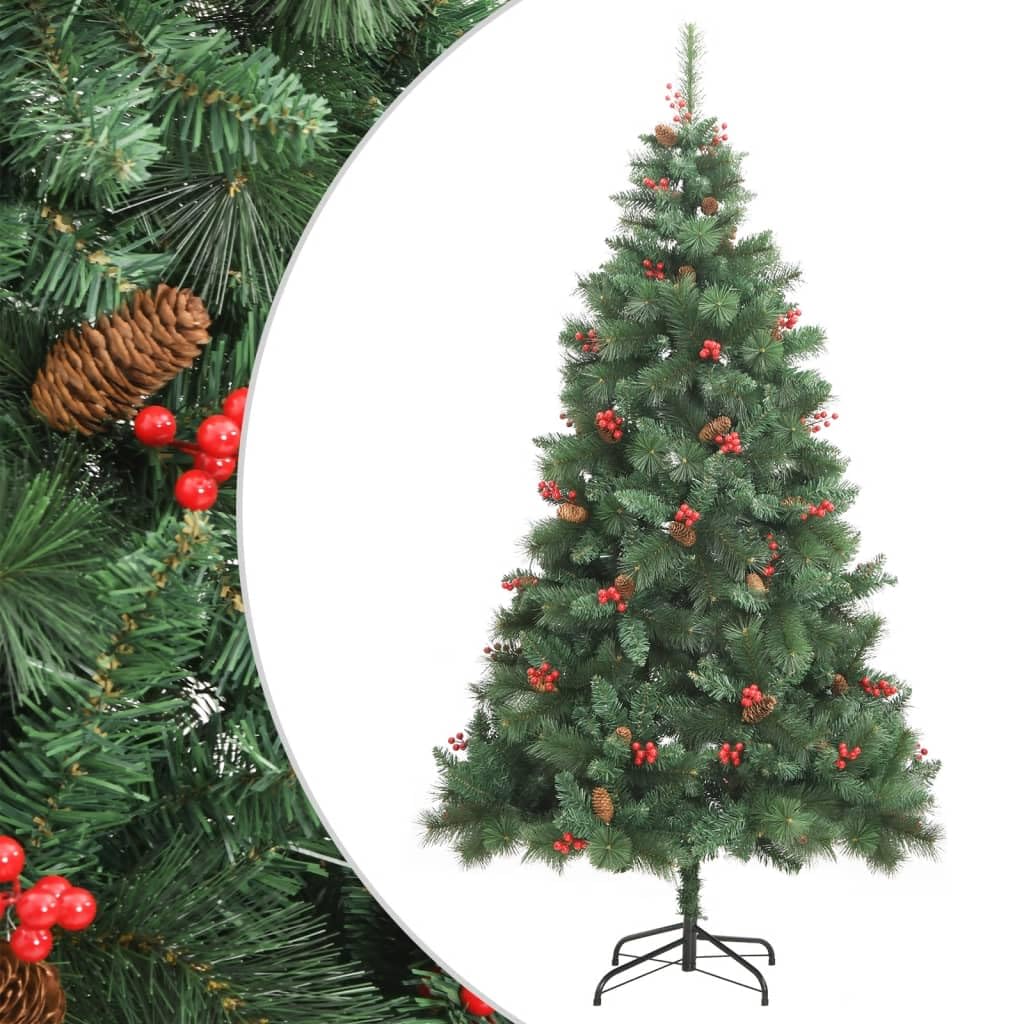 vidaXL Artificial Hinged Christmas Tree - Realistic Green PVC Tree with Pine Cones and Berries - Complete with Sturdy Metal Stand - Reusable for Holiday Seasons - 82.7&quot; Height