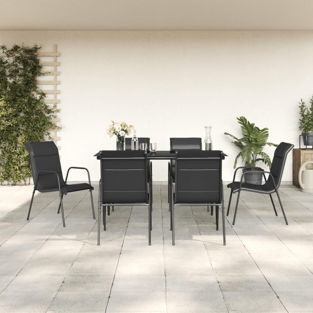 vidaXL 7-Piece Patio Dining Set with Black Steel Frame and Textilene Fabric - Outdoor Furniture with Rectangular Tempered Glass Tabletop, Onesize