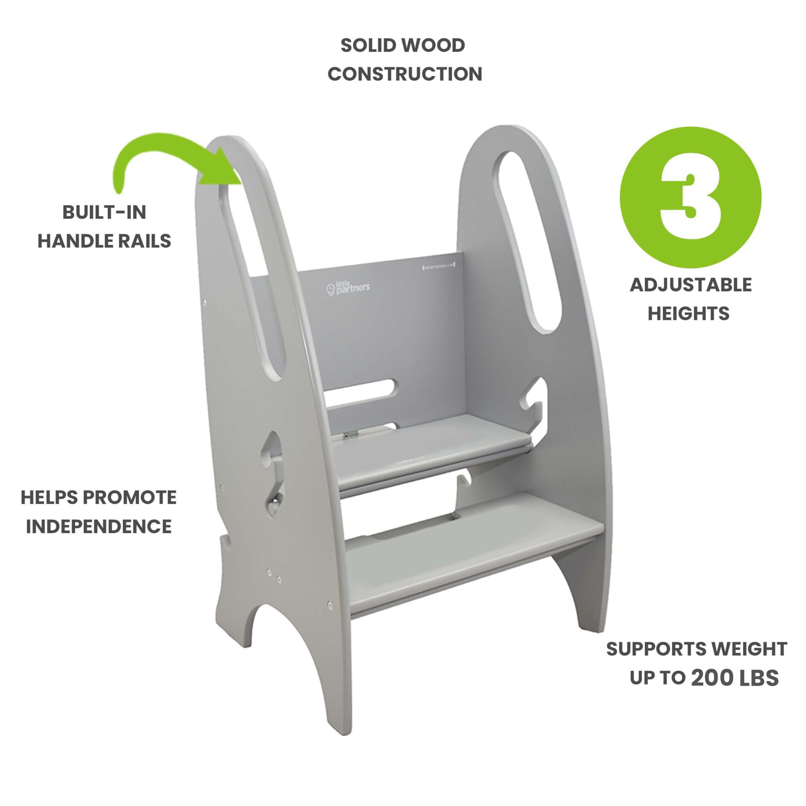 Little Partners 3-In-1 Growing Step Stool Toddler Tower Helper, Wooden Toddler Standing Stool For Bathroom Or Kitchen, Anti-Slip Feet, Safety Hand Rails Up To 200 Lbs. (Stone Grey)