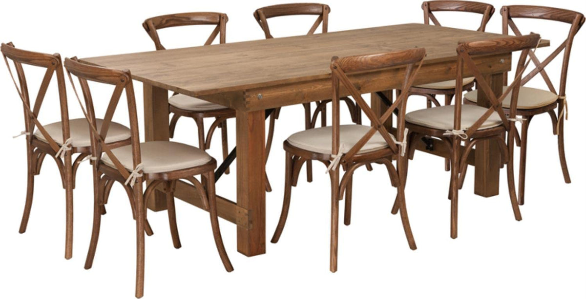 Flash Furniture HERCULES Series 7' x 40'' Antique Rustic Folding Farm Table Set with 8 Cross Back Chairs and Cushions