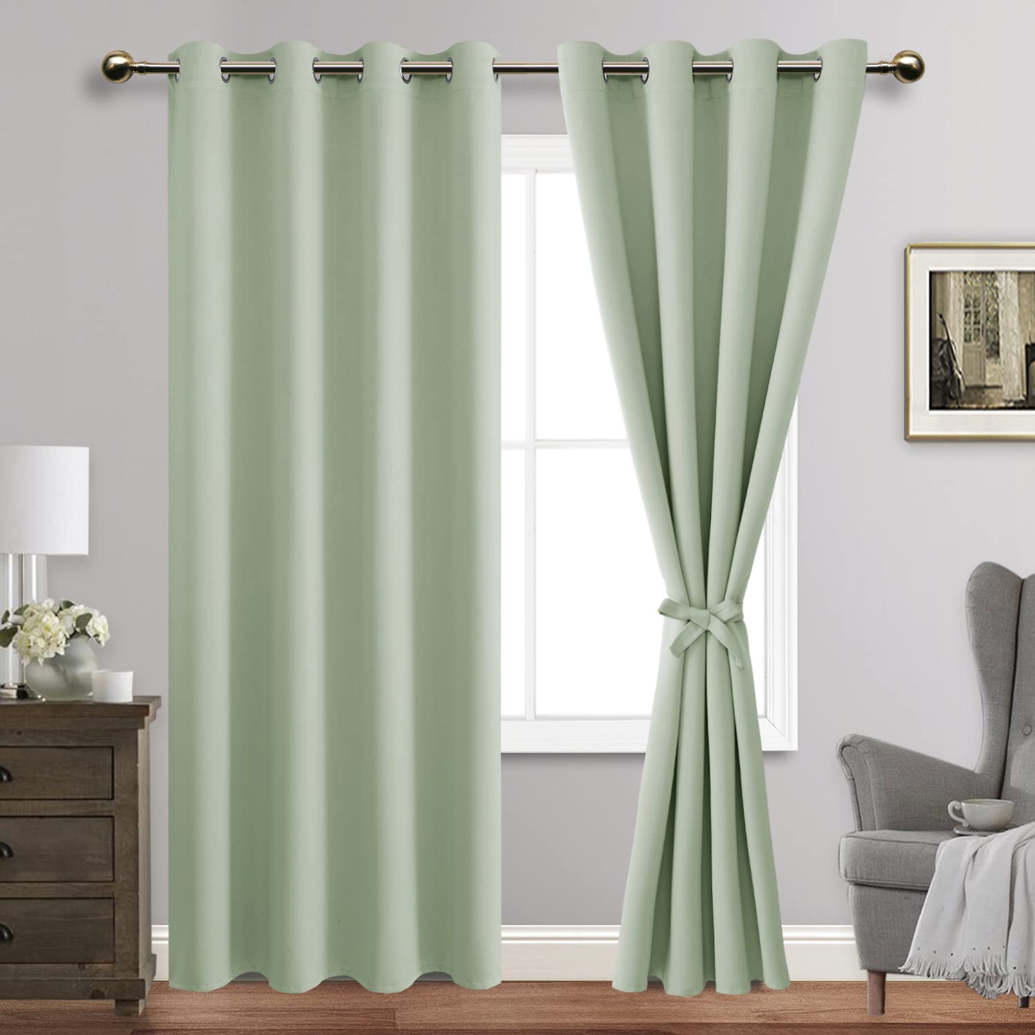 Jiuzhen Light Green Blackout Curtains With Tiebacks-Thermal Insulated, Light Blocking And Noise Reducing Grommet Curtain Drapes For Bedroom And Living Room, Set Of 2 Curtain Panels, 52X84 Inch Length