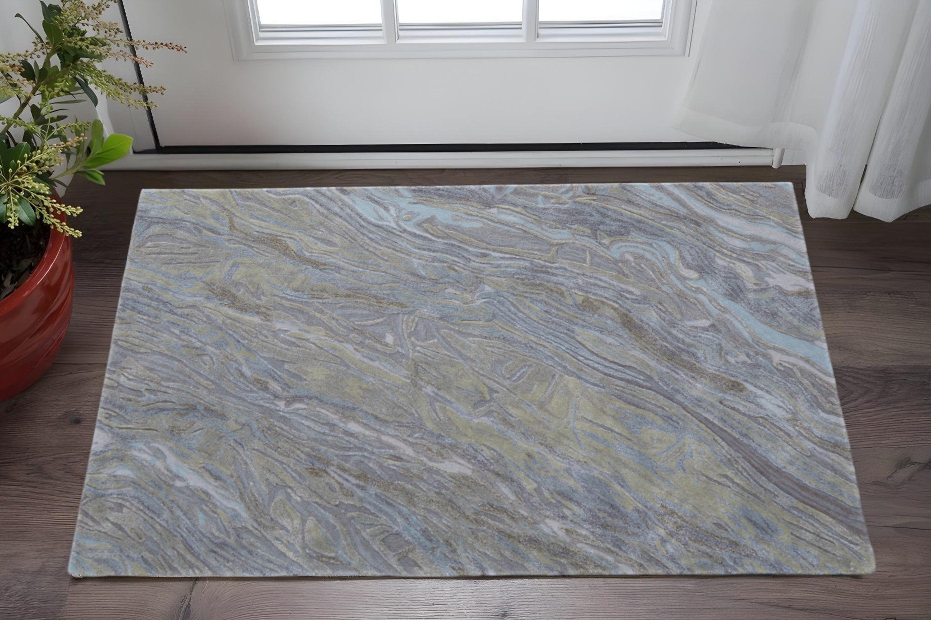2' X 3' Blue Green And Gray Abstract Hand Tufted Area Rug