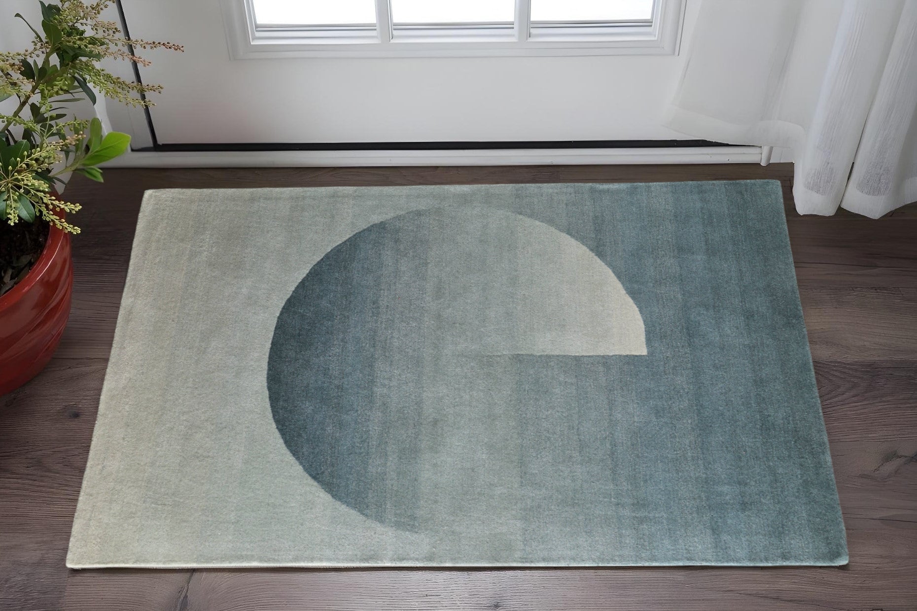 2' X 3' Blue And White Geometric Hand Tufted Area Rug