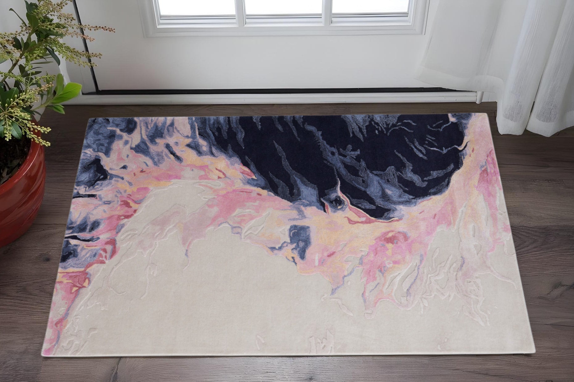 2' X 3' Pink Blue And Ivory Abstract Hand Tufted Area Rug