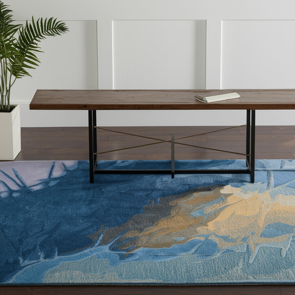 4' X 6' Blue Gold And Gray Abstract Hand Tufted Area Rug