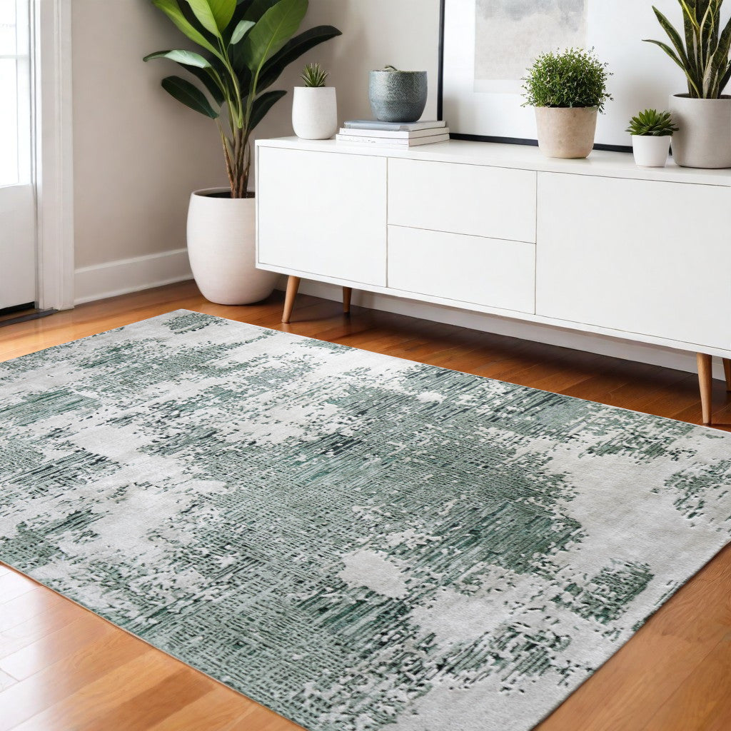 4' X 6' Green And White Abstract Hand Tufted Area Rug