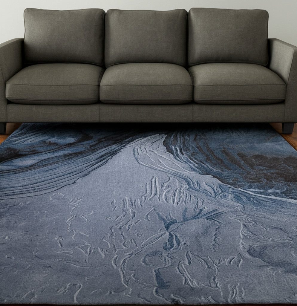 5' X 8' Blue Black And Gray Abstract Hand Tufted Area Rug