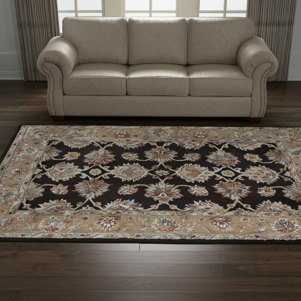 5' X 8' Brown Tan And Orange Floral Hand Tufted Area Rug