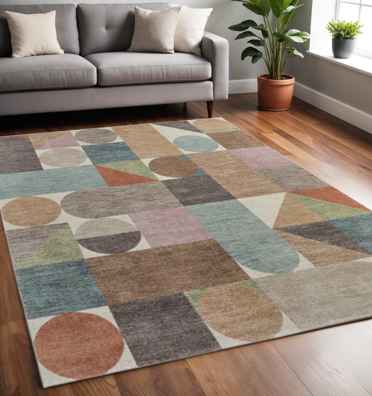 5' X 8' Ivory Brown And Blue Checkered Area Rug