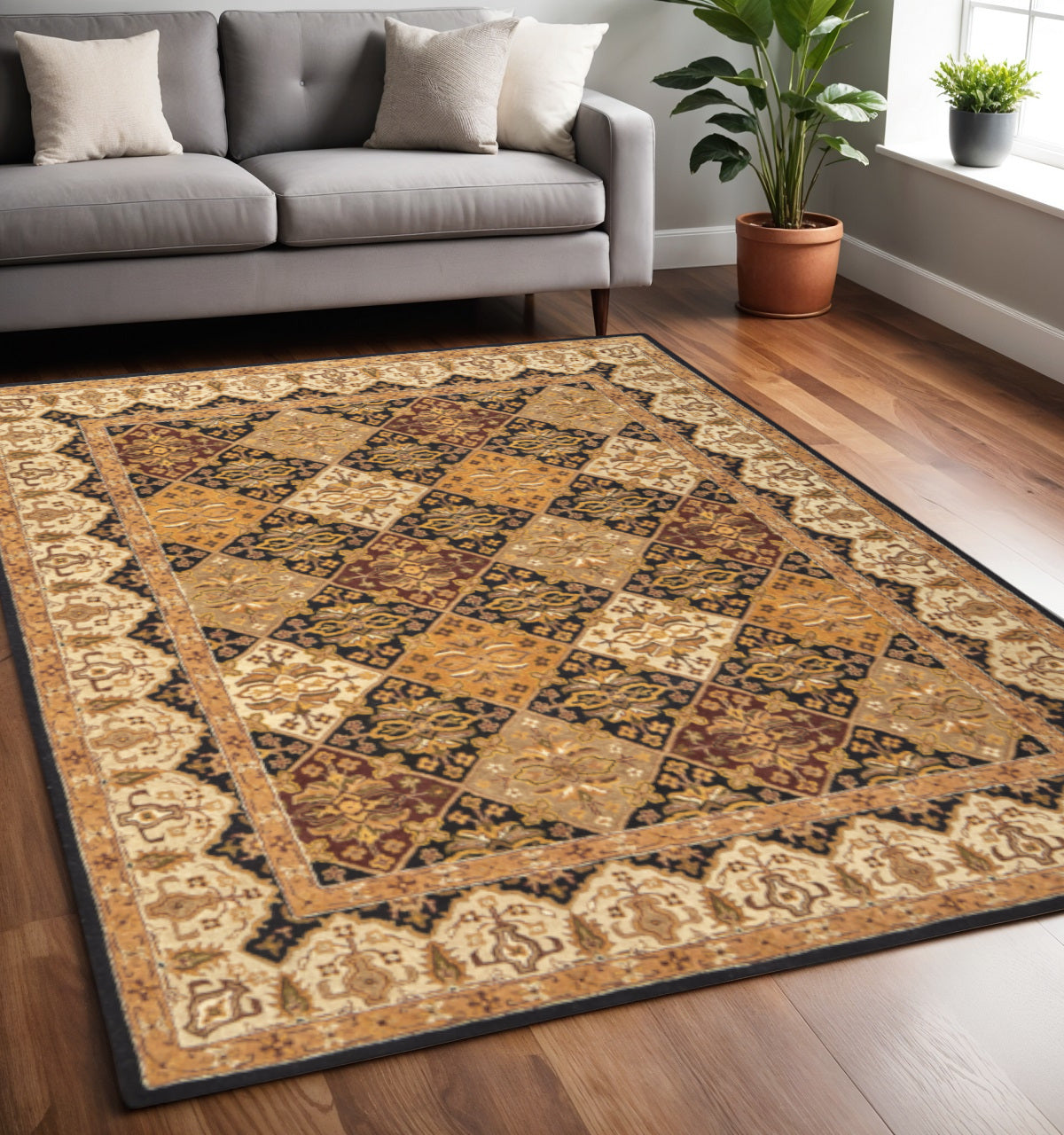 5' X 8' Gold Tan And Black Geometric Hand Tufted Area Rug