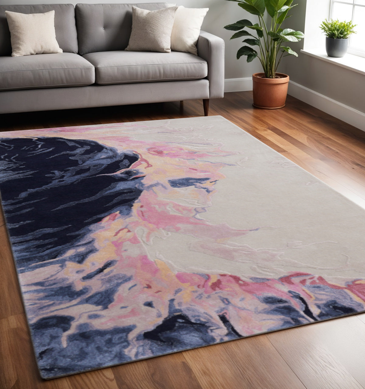5' X 8' Pink Blue And Ivory Abstract Hand Tufted Area Rug