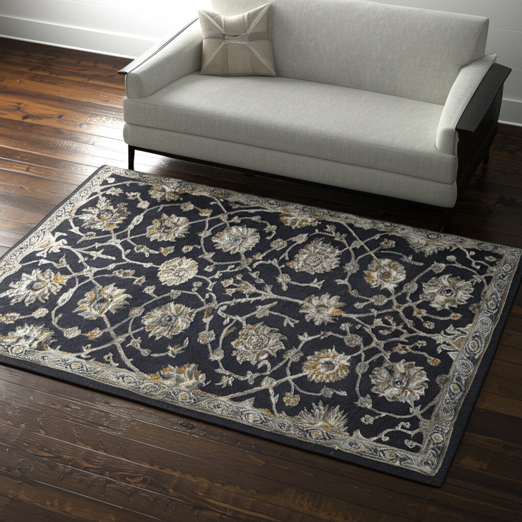 5' X 8' Blue Silver And Gray Floral Hand Tufted Area Rug