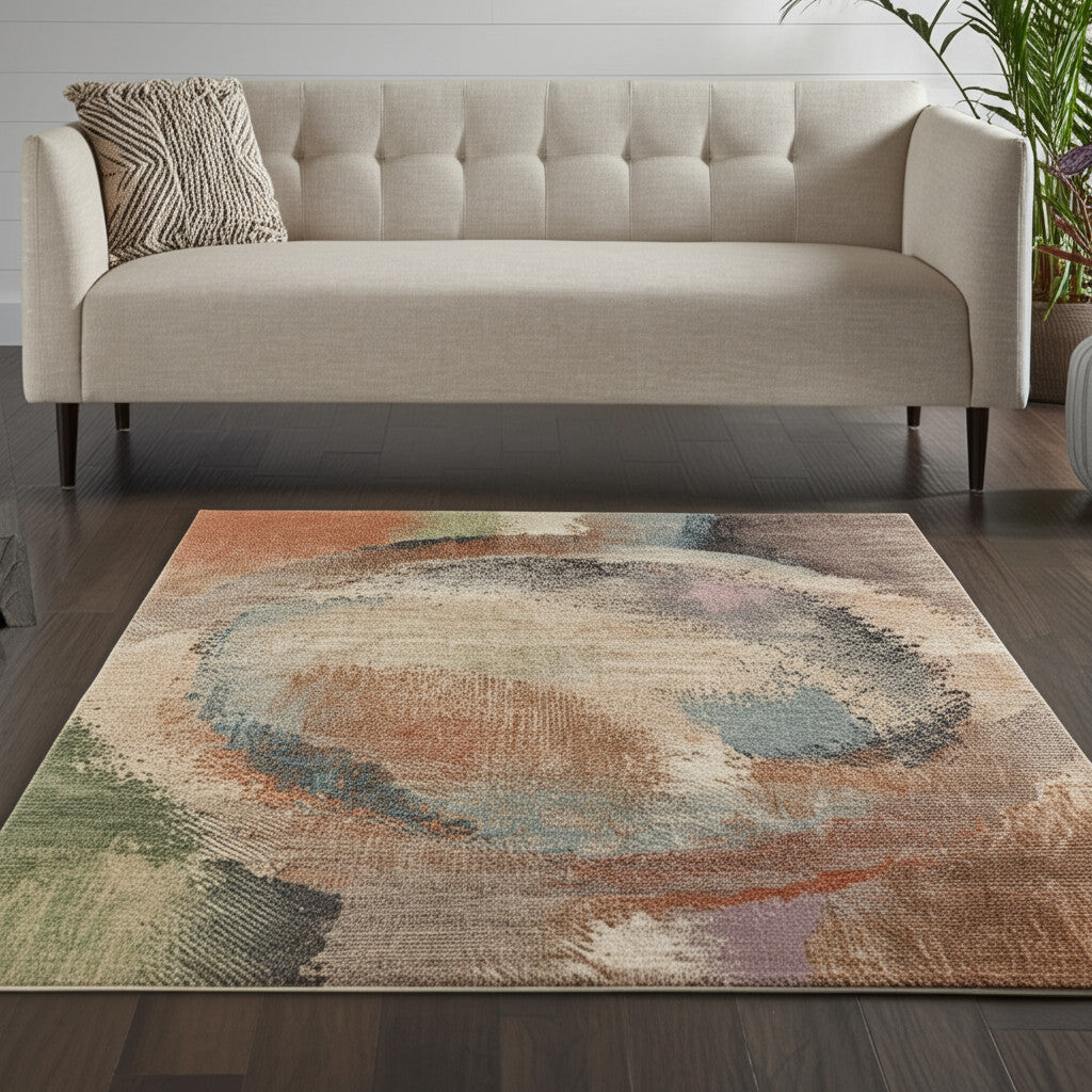 5' X 8' Brown Tan And Blue Abstract Distressed Area Rug