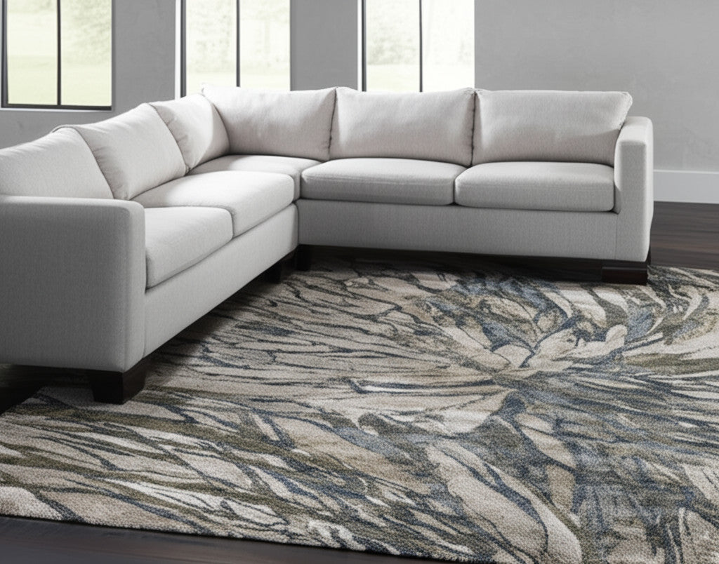 7' X 10' Gray Green And Ivory Abstract Area Rug