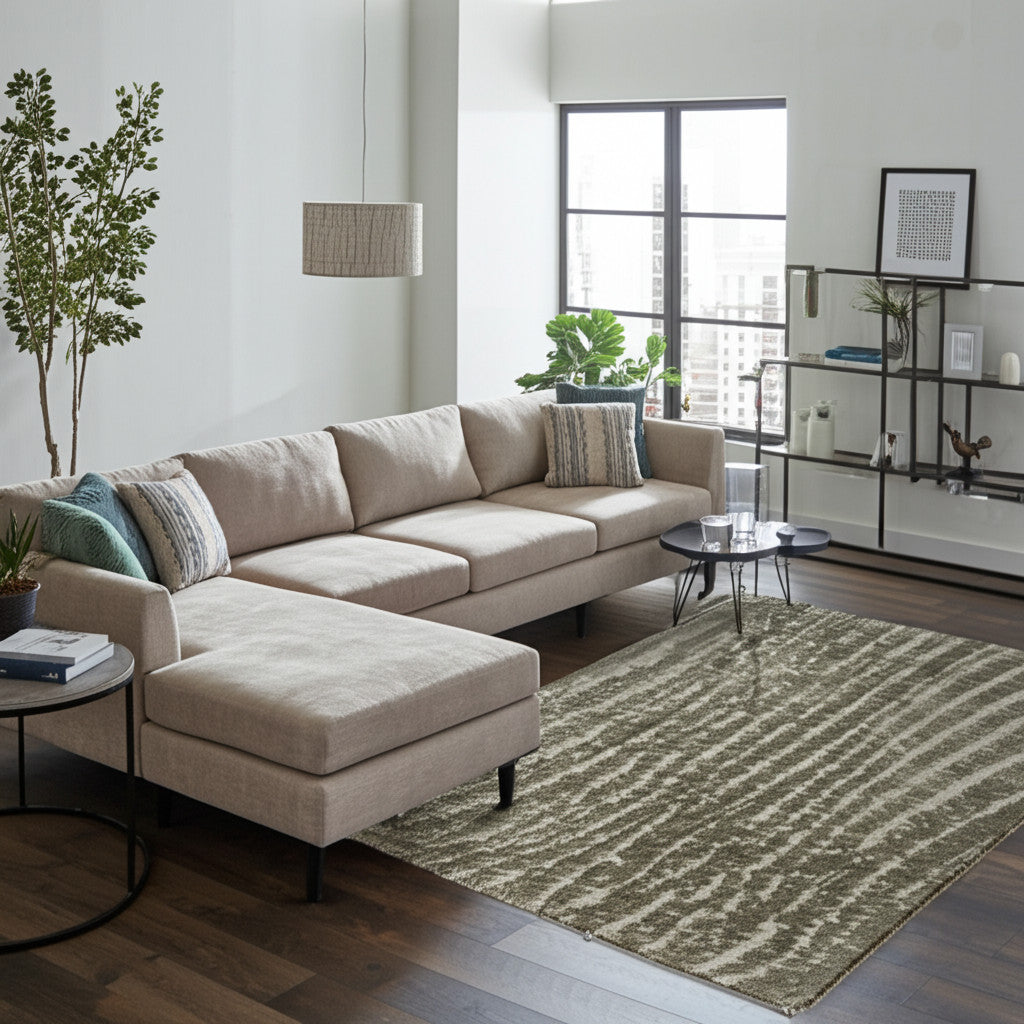 7' X 10' Green And Tan Abstract Area Rug