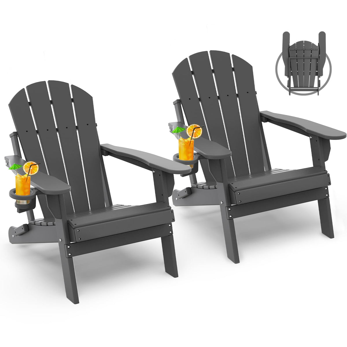 Greenvines Folding-Adirondack-Chairs-Set-Of-2 | Hdpe Plastic | Fire Pit Chair | All Weather | Cup Holder | Grey | For Deck Backyard Patio Outdoor Garden