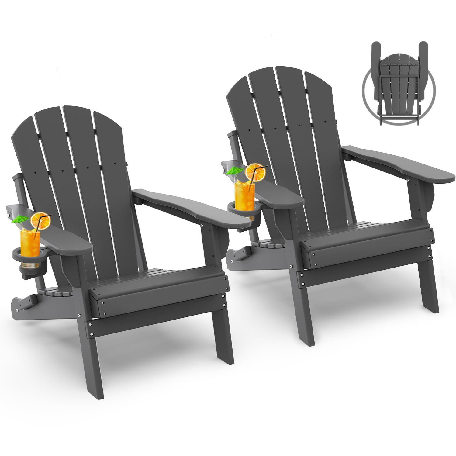 Greenvines Folding-Adirondack-Chairs-Set-Of-2 | Hdpe Plastic | Fire Pit Chair | All Weather | Cup Holder | Grey | For Deck Backyard Patio Outdoor Garden