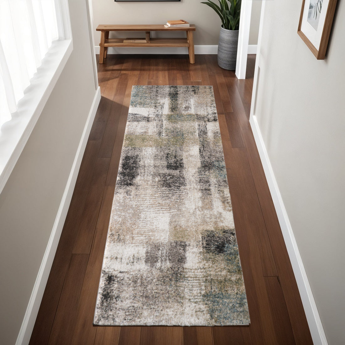 8' Gray Taupe And Ivory Abstract Distressed Runner Rug