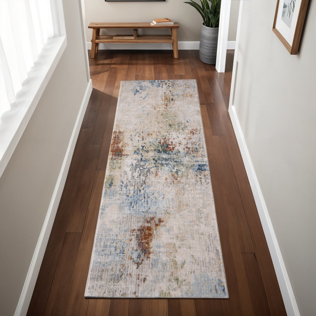 8' Ivory Blue And Red Abstract Runner Rug