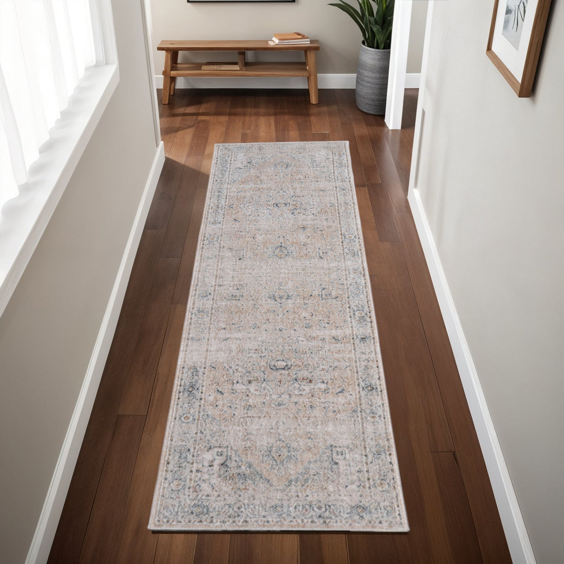 8' Ivory Taupe And Blue Oriental Distressed Runner Rug With Fringe