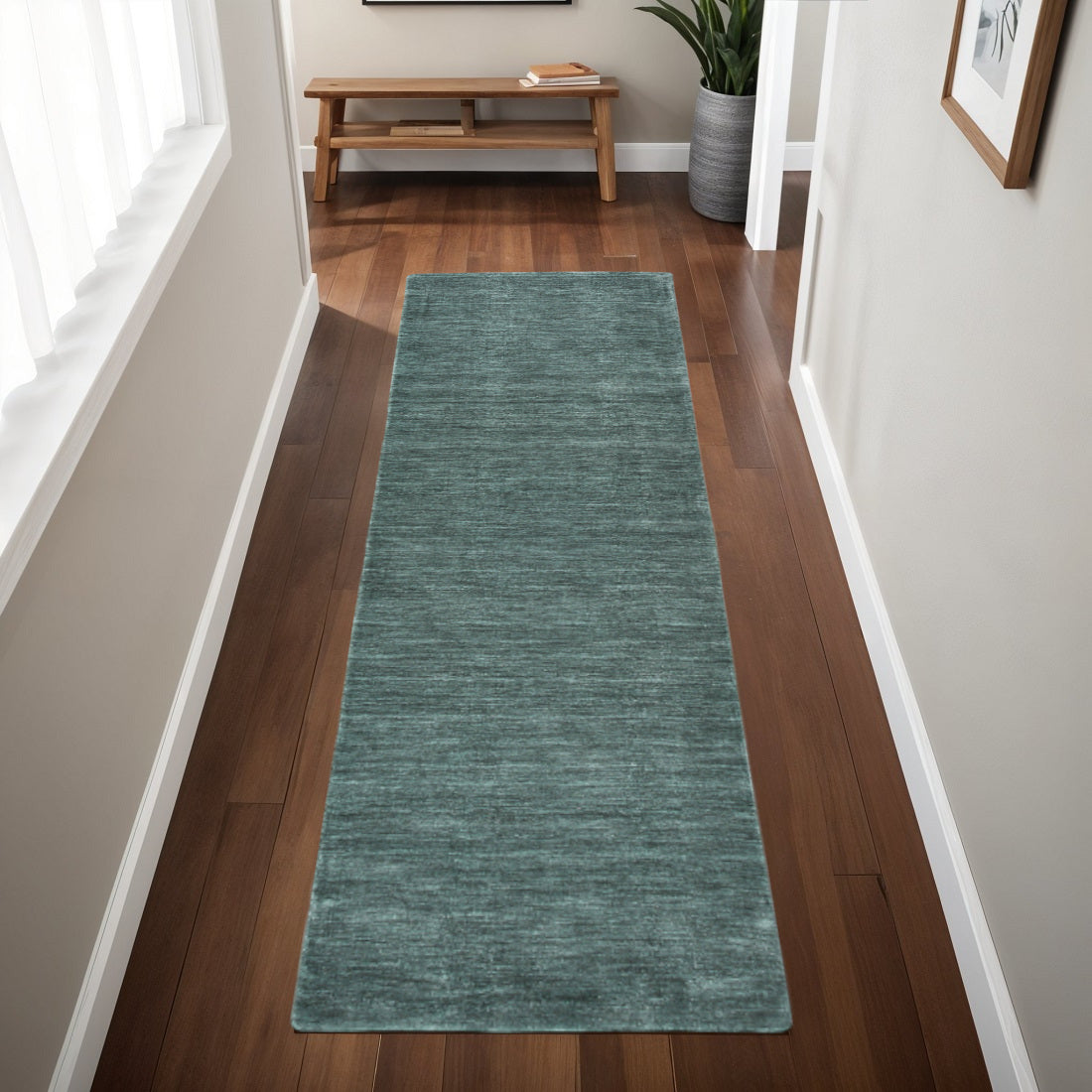 8' Green And White Hand Woven Runner Rug