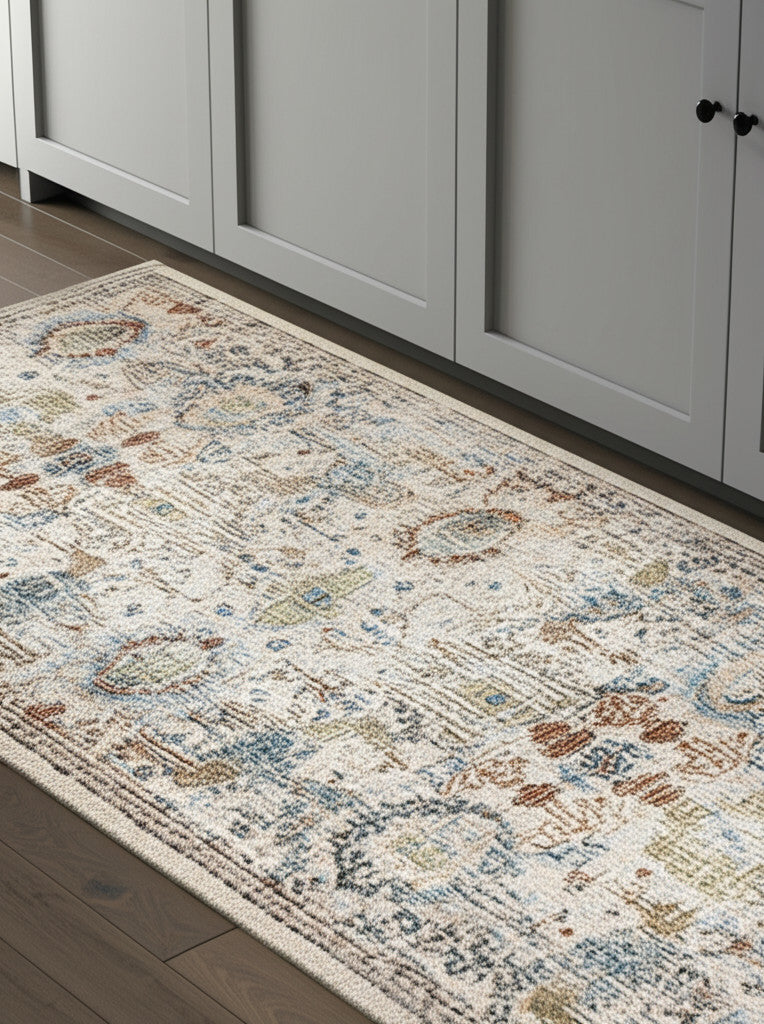 8' Tan Blue And Red Floral Runner Rug