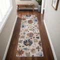 8' Ivory Red And Blue Floral Runner Rug