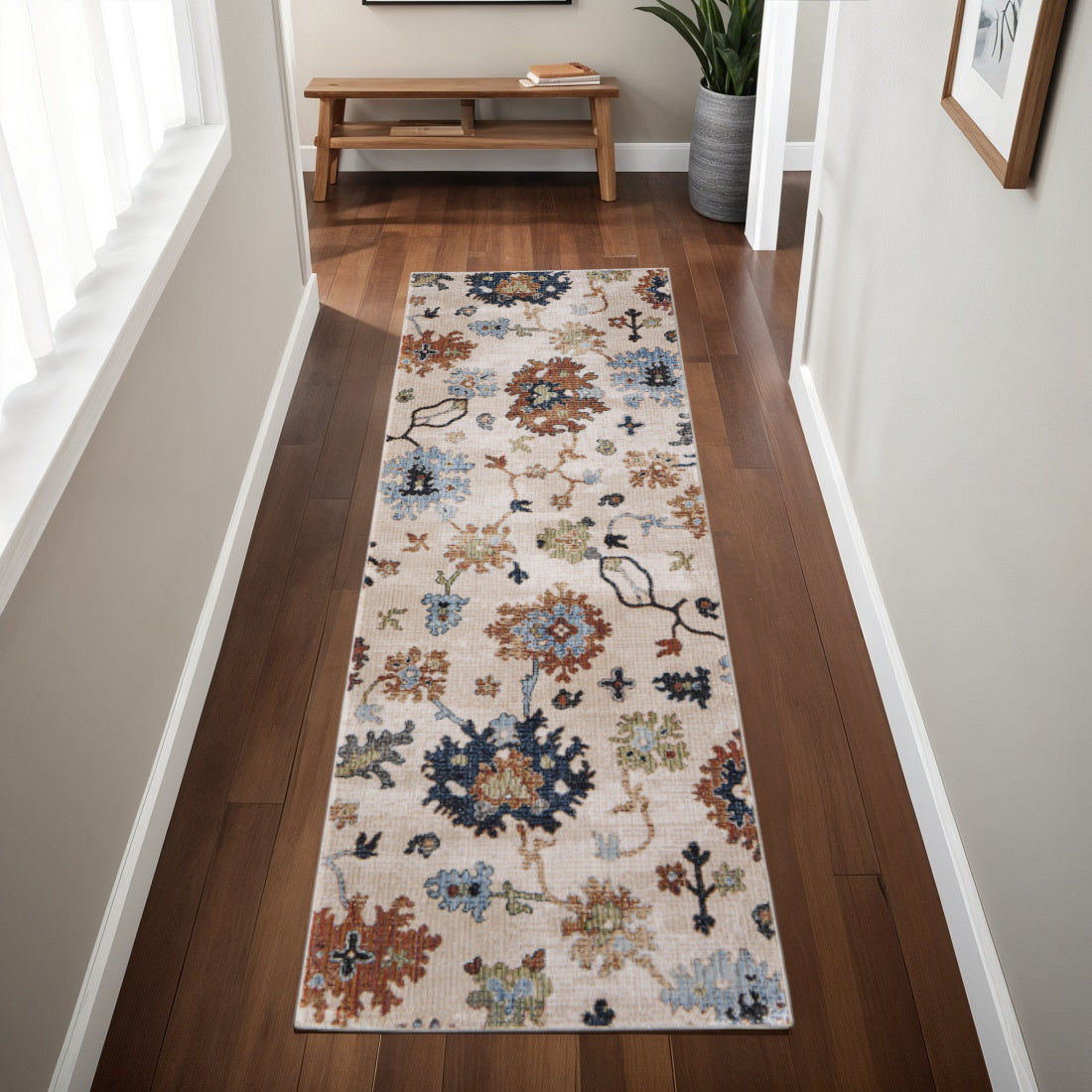 8' Ivory Red And Blue Floral Runner Rug