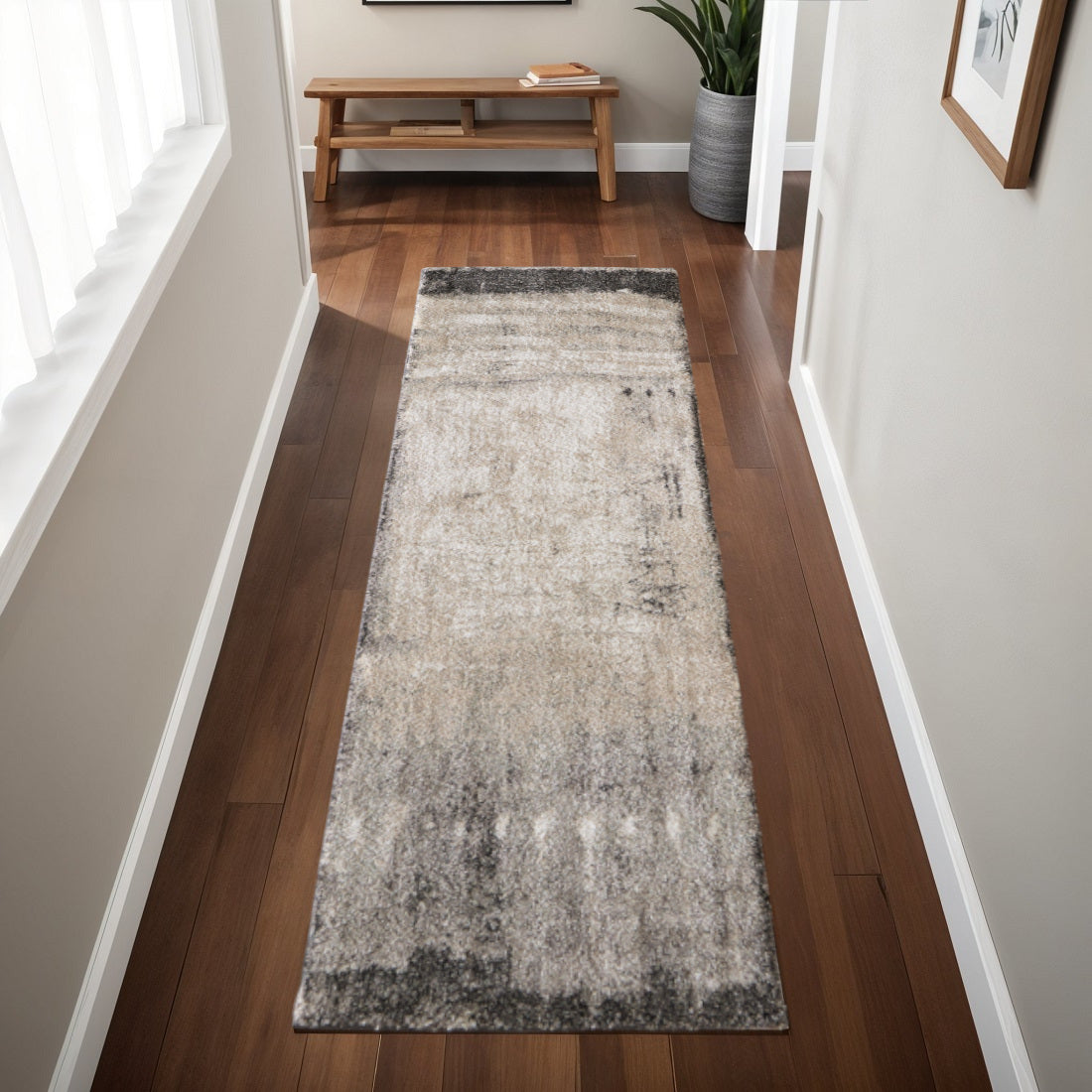8' Gray Ivory And Taupe Abstract Distressed Runner Rug
