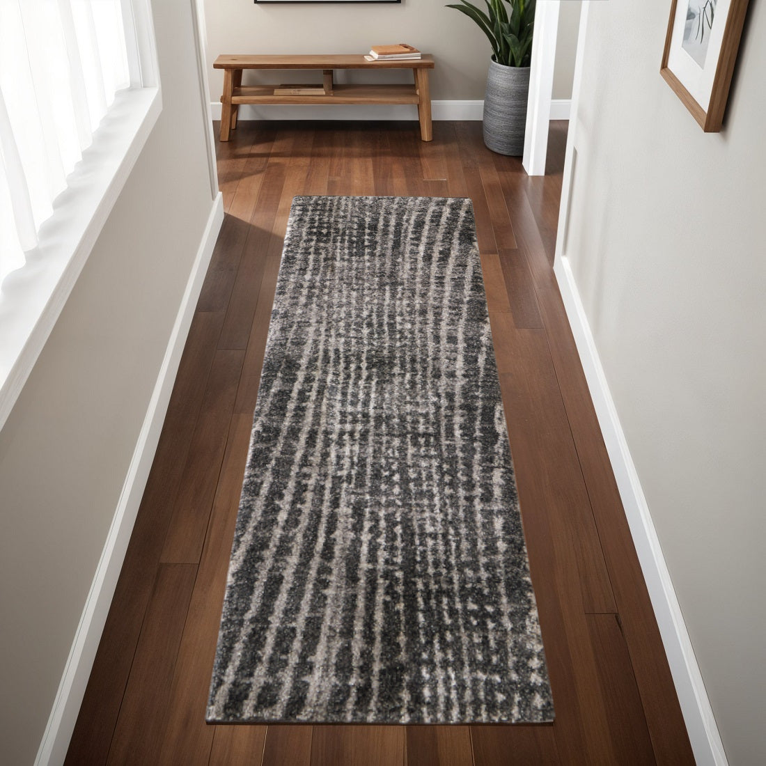 8' Black Gray And Ivory Abstract Runner Rug