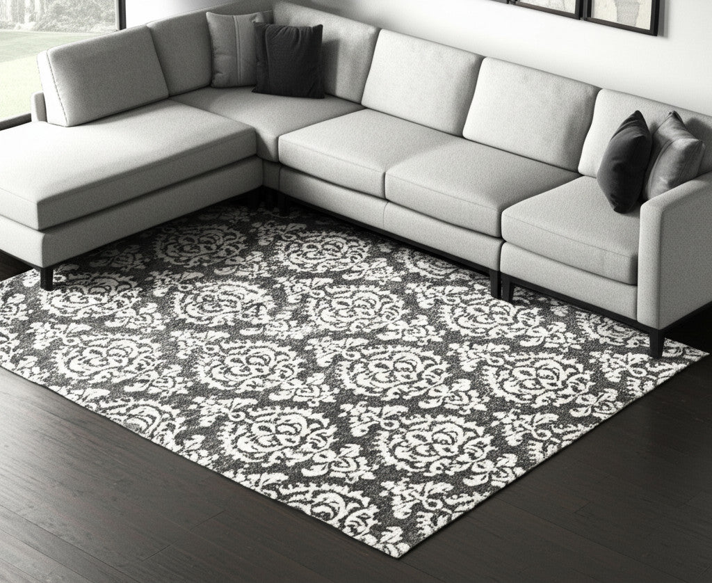 8' X 10' Gray Ivory And Black Floral Hand Tufted Area Rug