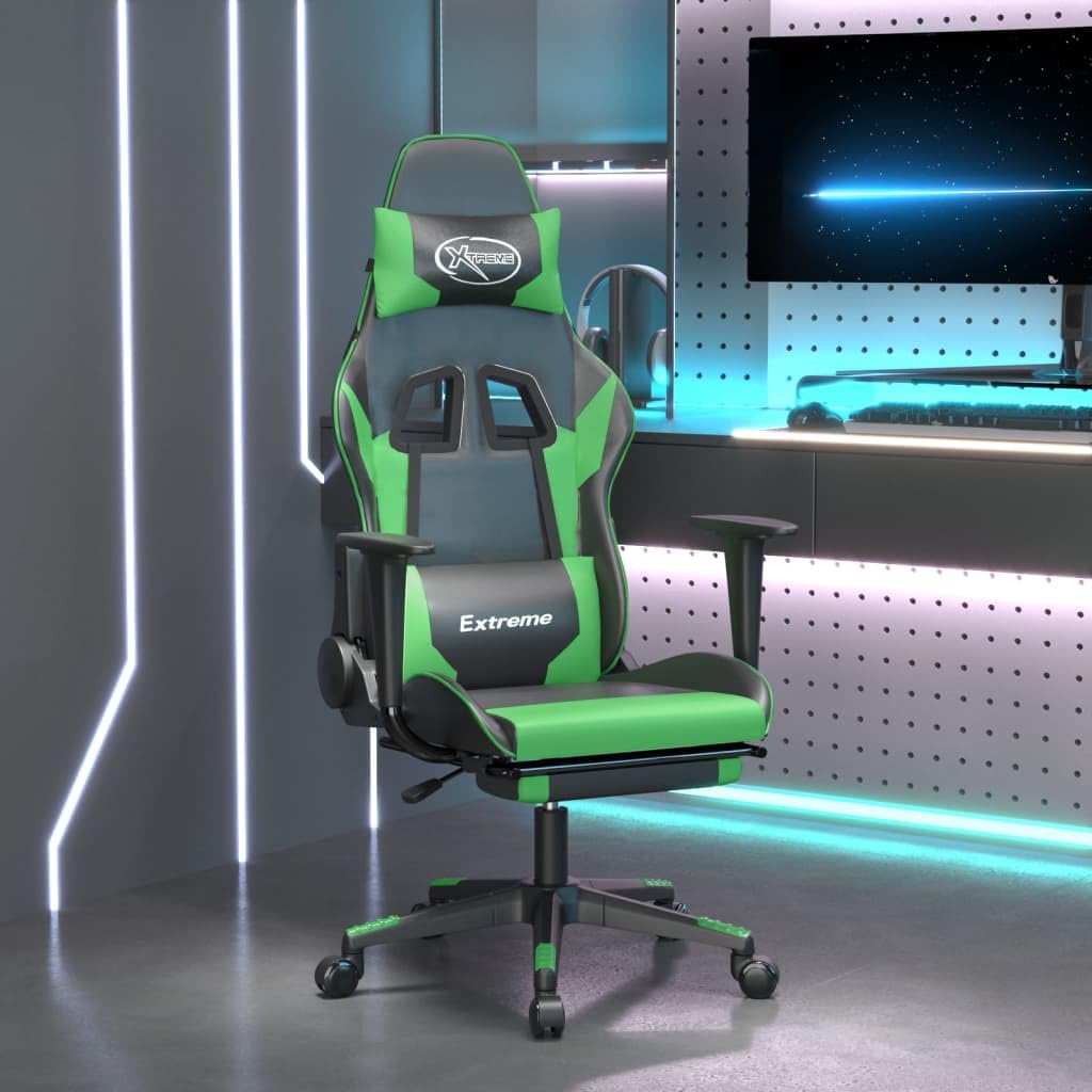 vidaXL Adjustable Reclining Gaming Chair with Footrest, Comfortable Seating, 360 Degree Swivel, Faux Leather, Black and Green, Ideal for Gamers