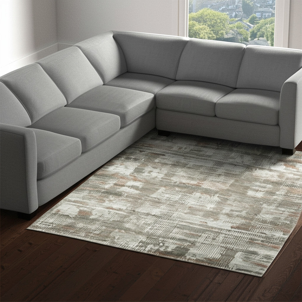 8' X 10' Ivory Gray And Green Abstract Distressed Area Rug