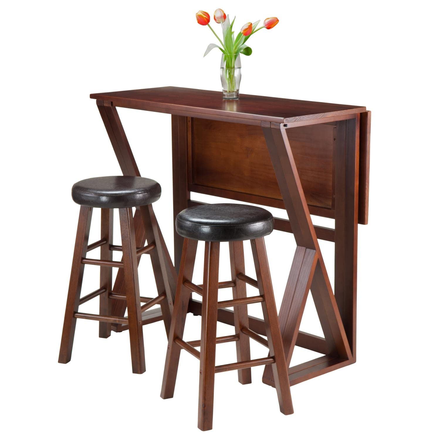 Winsome 3-Piece Harrington Drop Leaf High Table with 2 Cushion Round Seat Stools, 24-Inch, Brown