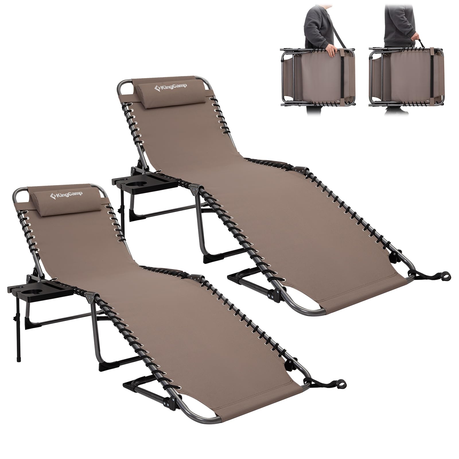 Kingcamp Folding Chaise Lounge Chair For Outside Beach, Sunbathing, Patio, Pool, Lawn, Deck, Lay Flat Camping Reclining Lounge Chair With Pillow & Side Table (2 Pack, Beige)