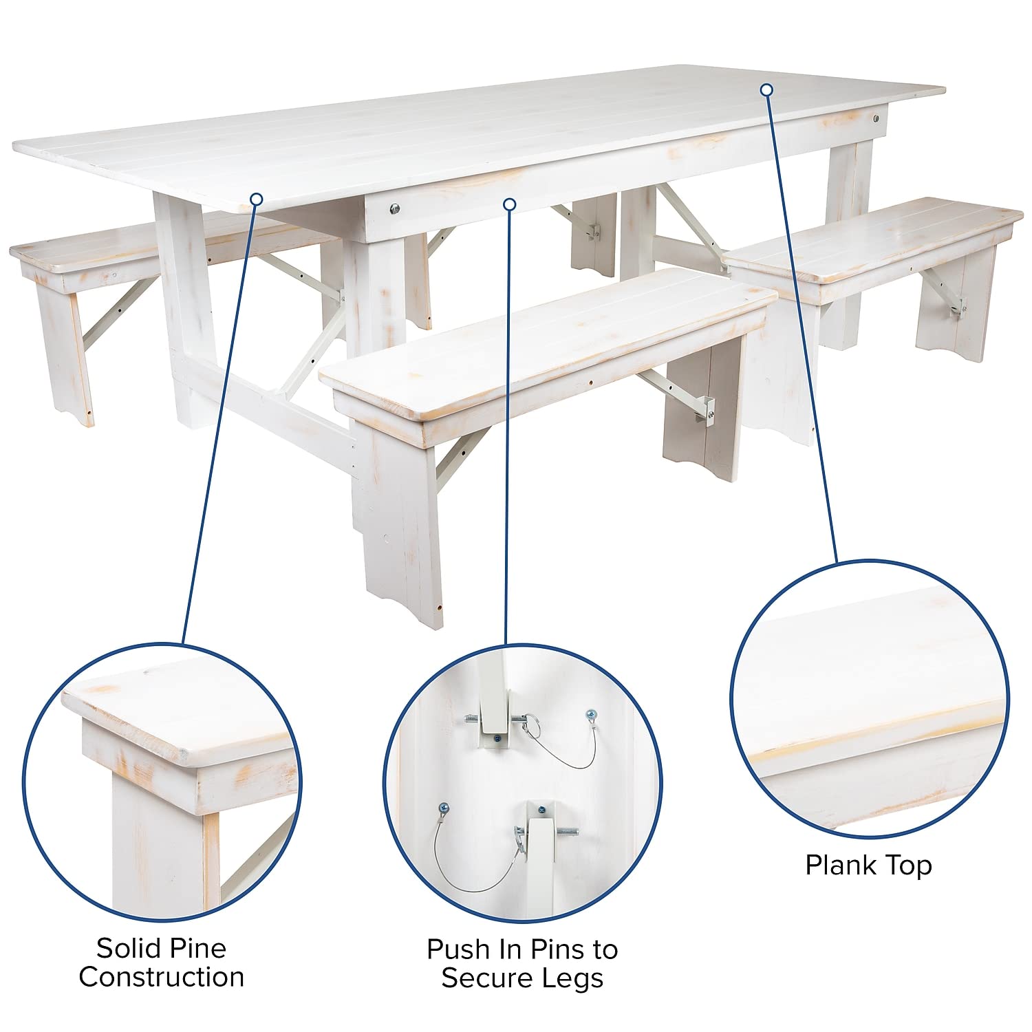 Flash Furniture Hercules Series 8' X 40" Antique Rustic White Folding Farm Table And Four 40.25"L Bench Set