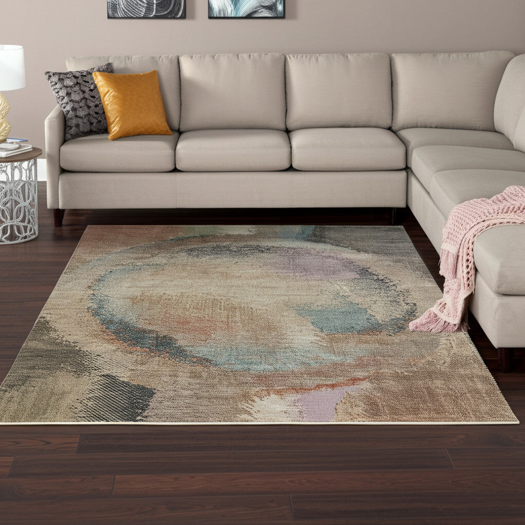 8' X 10' Brown Tan And Blue Abstract Distressed Area Rug