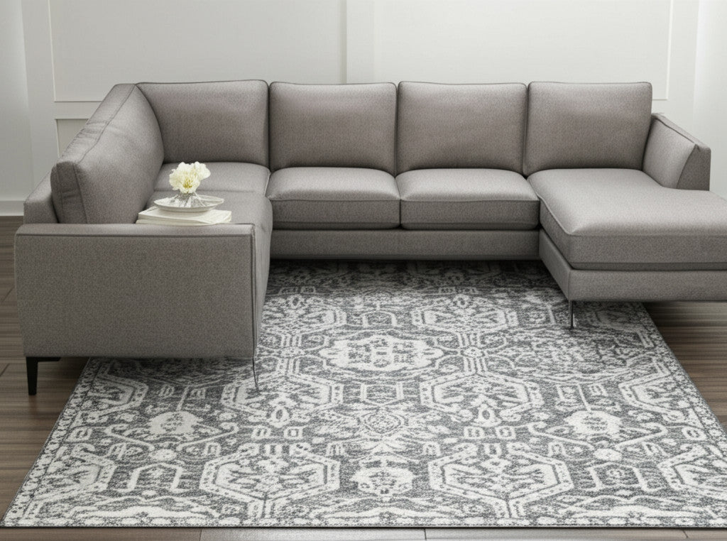 8' X 10' Gray And White Geometric Hand Tufted Area Rug