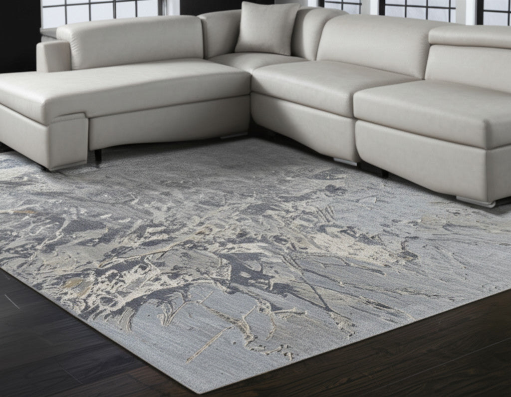 9' X 12' Blue Taupe And Green Abstract Hand Tufted Distressed Area Rug