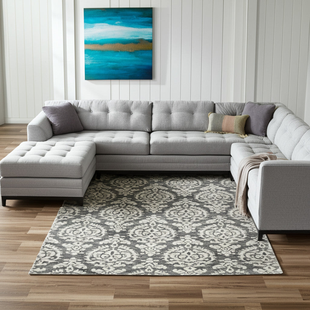 9' X 12' Gray Ivory And Black Floral Hand Tufted Area Rug