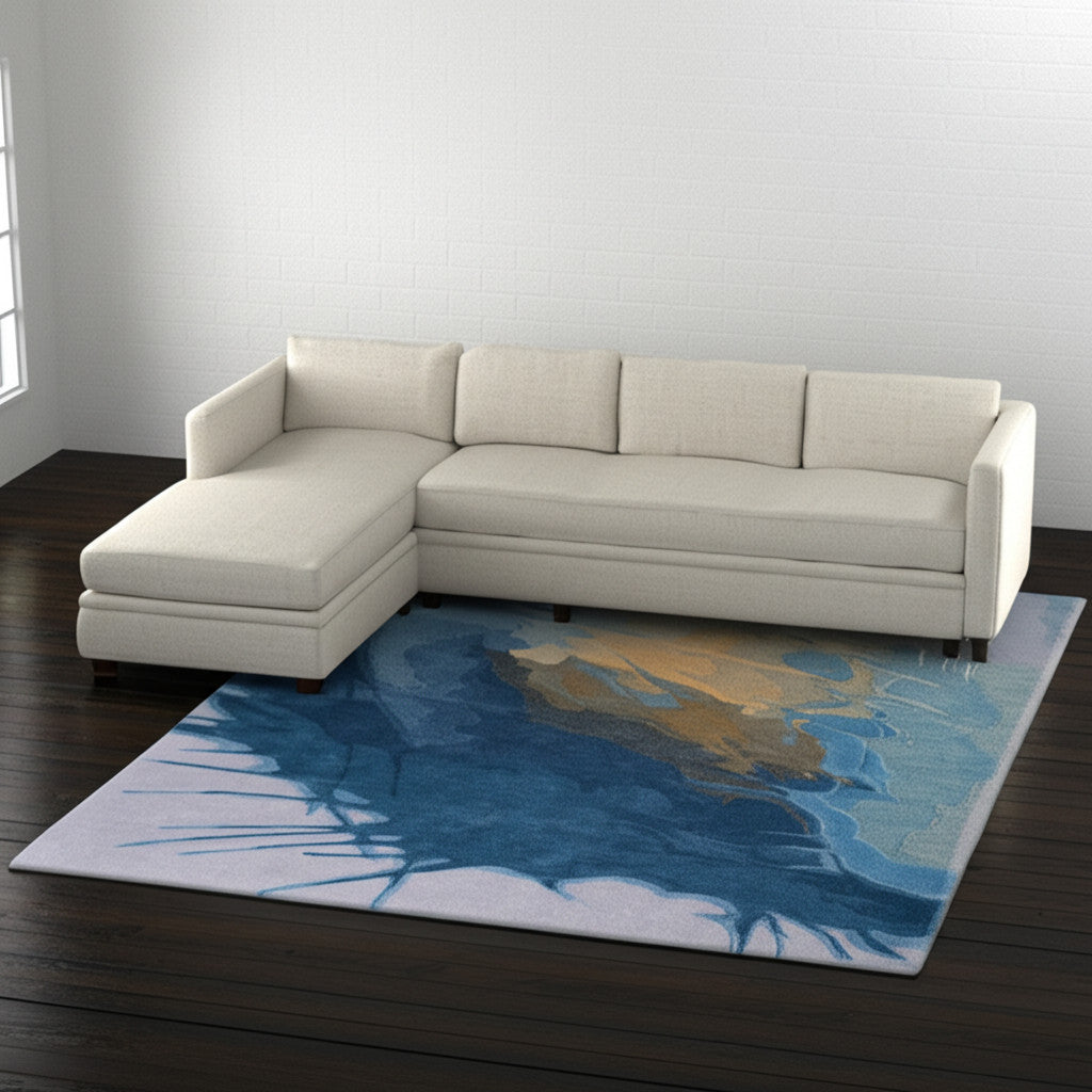 9' X 12' Blue Gold And Gray Abstract Hand Tufted Area Rug