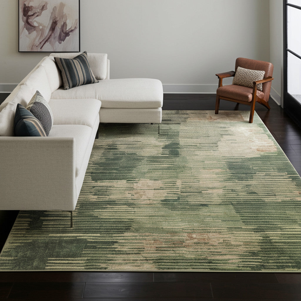 9' X 12' Green Ivory And Brown Abstract Distressed Area Rug