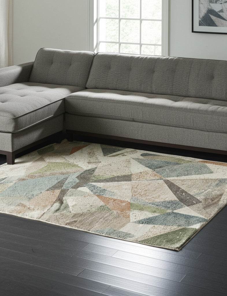 9' X 12' Ivory Blue And Green Checkered Area Rug