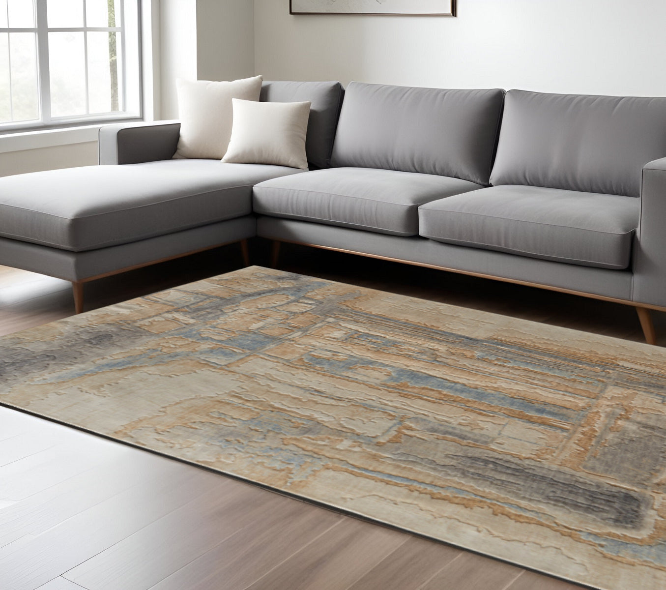9' X 12' Tan Brown And Gray Abstract Distressed Area Rug