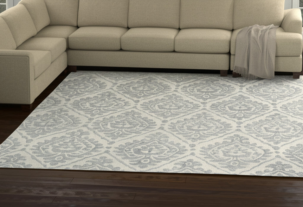 9' X 12' Ivory And Gray Floral Hand Tufted Area Rug