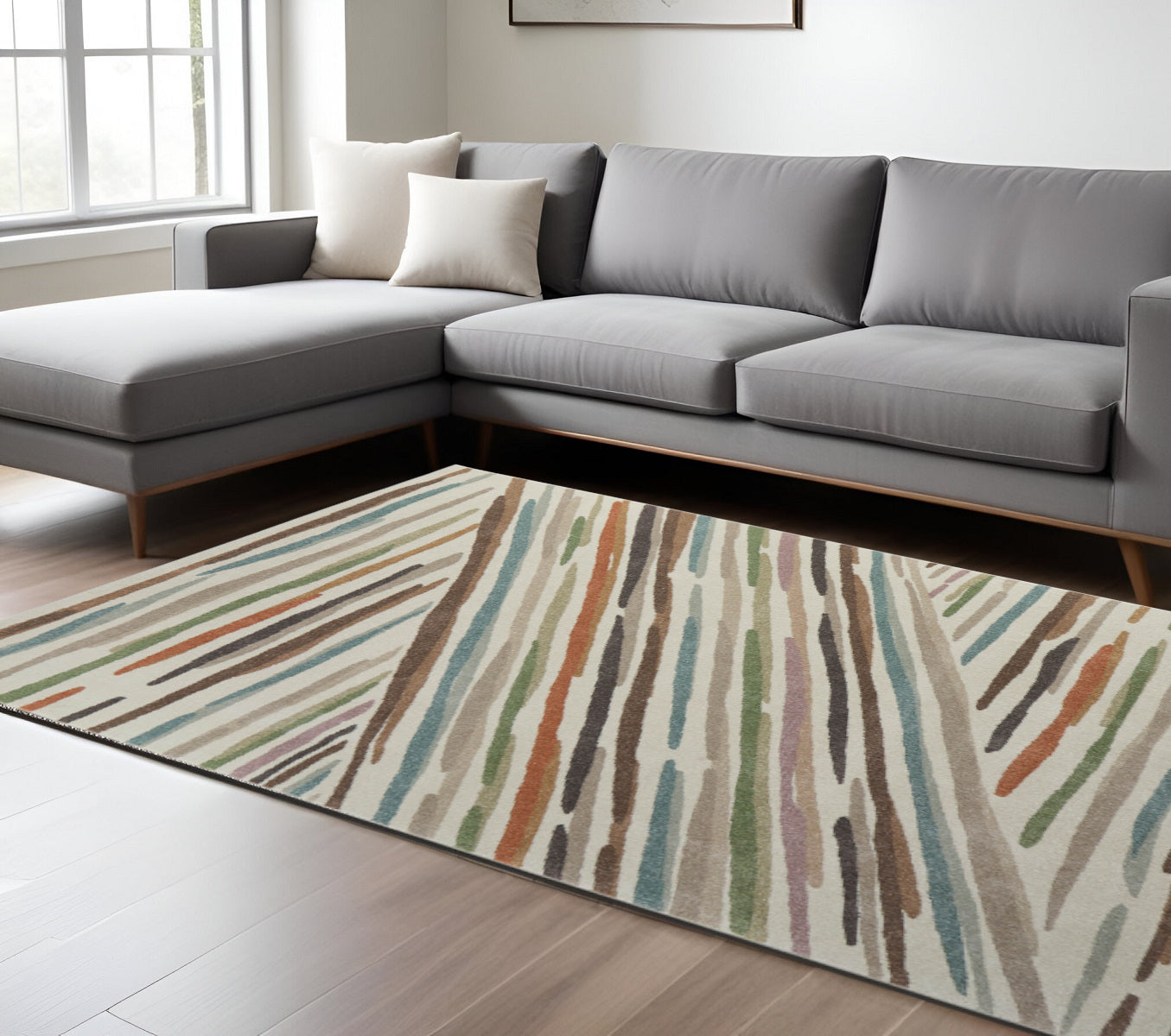9' X 12' Ivory Brown And Blue Abstract Area Rug