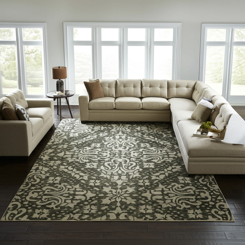 9' X 12' Ivory And Green Floral Hand Tufted Area Rug
